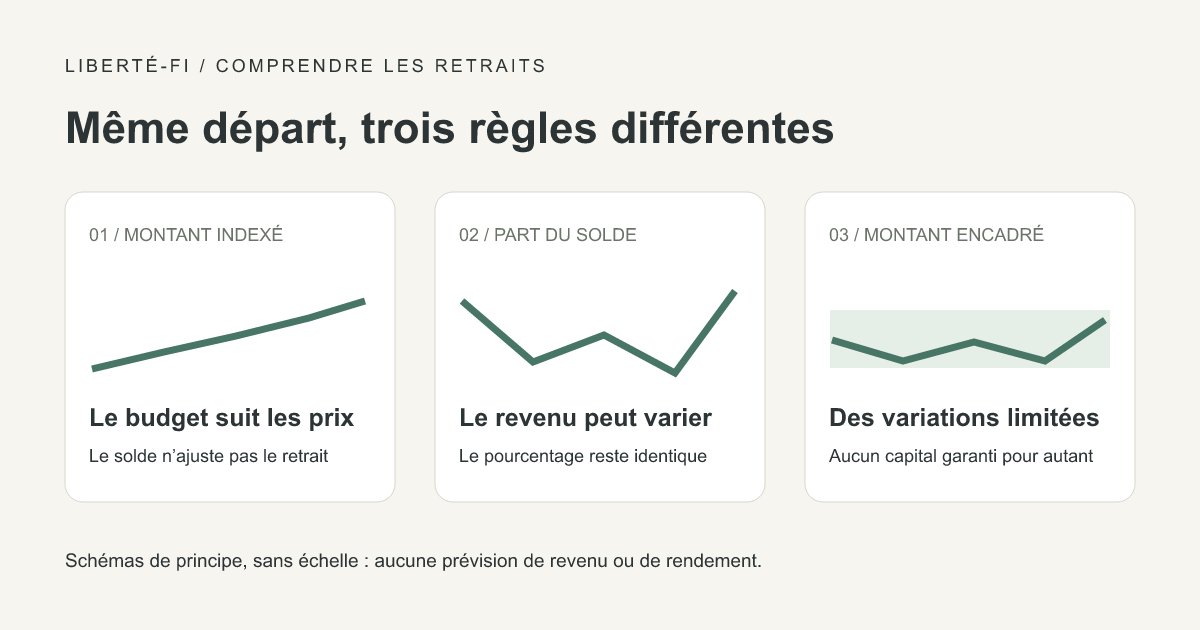 Trois méthodes de retrait : un montant indexé sur les prix, une proportion du capital actualisé, ou un montant ajusté dans des limites définies.